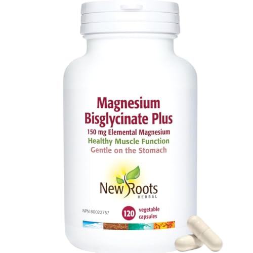 New Roots Herbal Bisglycinate de magnésium Plus, 60 capsules végétales pour 30 jours - 150 mg de magnésium élémentaire, favorise un mode de vie actif, sans OGM, sans gluten, doux pour la digestion avec une absorption supérieure