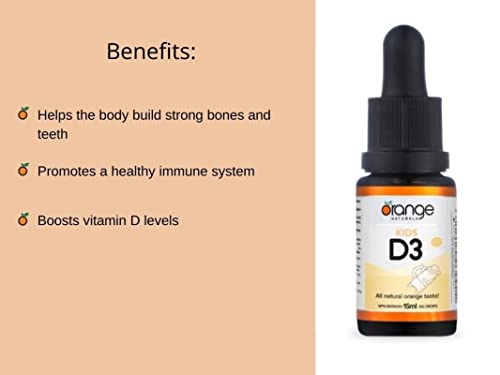 Orange Naturals - Gouttes de vitamine D3 - Saveur naturelle d'orange liquide - 400 UI pour enfants - 15 ml - Gouttes liquides de cholécalciférol vitamine D3 - Soutien pour la santé des os, des dents et du système immunitaire