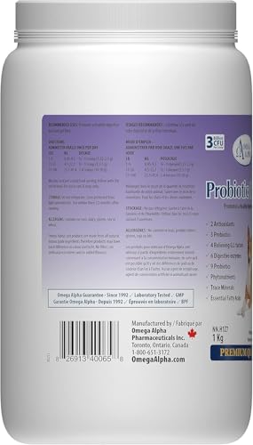 Omega Alpha Probiotic 8 Plus Poudre pour Chiens et Chats, Probiotiques pour Chiens - Soutient la Santé Intestinale, Améliore le Bien-être Digestif, la Santé des Yeux, des Dents et des Gencives, Formulé par des Vétérinaires, Fabriqué au Canada