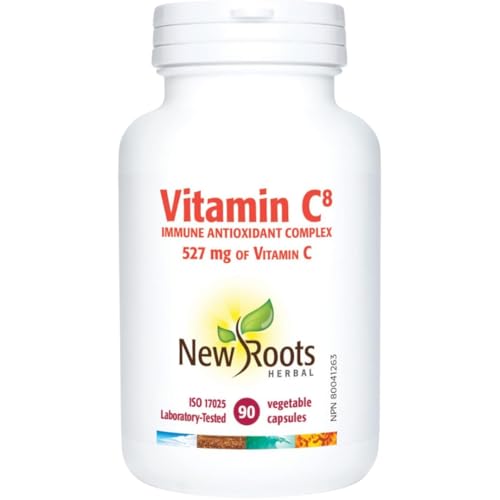 New Roots Herbal Vitamine C‚Å∏ 90 gélules végétales, 45 jours d'approvisionnement - 8 formes actives de vitamine C tamponnée avec du zinc et de l'extrait de thé vert pour une meilleure absorption, un soutien antioxydant, sans OGM, fabriqué au Canada