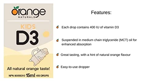 Orange Naturals - Gouttes de vitamine D3 - Saveur naturelle d'orange liquide - 400 UI pour enfants - 15 ml - Gouttes liquides de cholécalciférol vitamine D3 - Soutien pour la santé des os, des dents et du système immunitaire