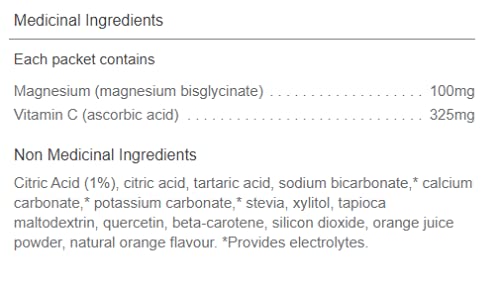 Orange Naturals - MagPop! Poudre effervescente de glycinate de magnésium avec vitamine C, 35 sachets, pour 35 jours - Équilibre électrolytique, favorise le sommeil, la relaxation et la fonction musculaire, la santé des os et des dents