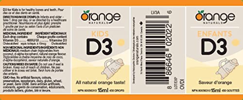 Orange Naturals - Gouttes de vitamine D3 - Saveur naturelle d'orange liquide - 400 UI pour enfants - 15 ml - Gouttes liquides de cholécalciférol vitamine D3 - Soutien pour la santé des os, des dents et du système immunitaire