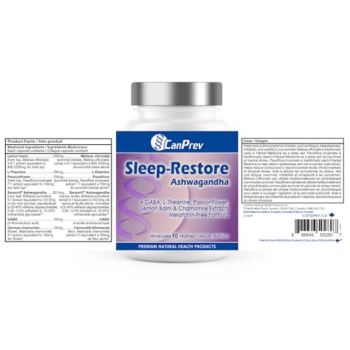 CanPrev Sommeil-Réparateur Ashwagandha Capsules, 90 capsules végétales Approvisionnement de 45 jours - Suppléments d'Ashwagandha pour l'énergie et la concentration, Formule calmante naturelle pour le soir, Favorise la relaxation et des nuits reposantes