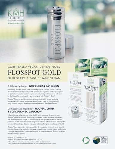 FLOSSPOT Vegan Gold Dental Floss | Mini Stainless Steel Jar - 50m | Eco-Friendly PLA & Candelilla Wax Coating | Ginger-Mint Flavor