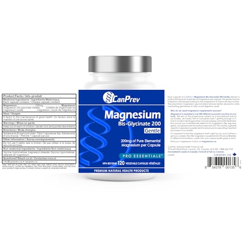 CanPrev Bisglycinate de magnésium 200 Doux, 120 gélules végétaliennes, Approvisionnement de 120 jours - Maintient la santé des os, des dents et une fonction musculaire appropriée - Favorise la relaxation et la forme de bisglycinate hautement absorbable