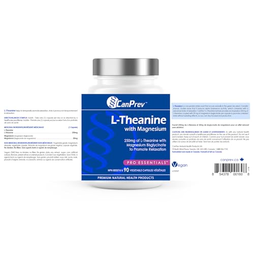 CanPrev L-Théanine et Magnésium, 90 capsules, approvisionnement de 90 jours - Favorise la relaxation et le calme - Sans somnolence - Mélange synergique pour la gestion du bien-être - Végétalien, sans OGM et sans gluten