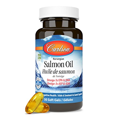 Carlson - Huile de saumon norvégien, 500 mg d'Oméga-3, Complément d'huile de saumon norvégien, Capsules d'huile de saumon Oméga-3 sauvage, Source durable