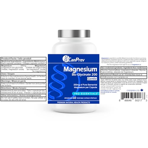 CanPrev - Bisglycinate de magnésium pur 200mg (Doux) | Supplément complexe de chélate élémentaire | Idéal pour les os, les articulations, la digestion, la constipation et un meilleur sommeil | Végétalien