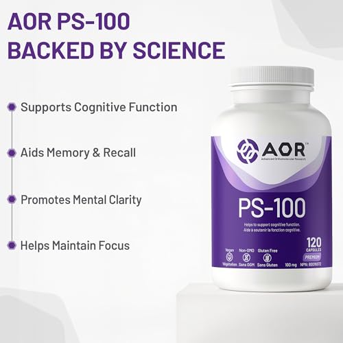 AOR - PS-100 Phosphatidylserine 100mg, 60 gélules - Supplément de phosphatidylsérine pour la santé de la mémoire, suppléments de concentration et supplément cognitif - Suppléments de soutien cérébral pour la mémoire et la concentration