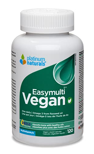 Platinum Naturals Easymulti Vegan - Complete Multivitamin for Men & Women, Includes Omega 3, Flaxseed Oil, Enriched with B1, B2, B3, B5, B6, B12, Vitamin C, Iron & Zinc