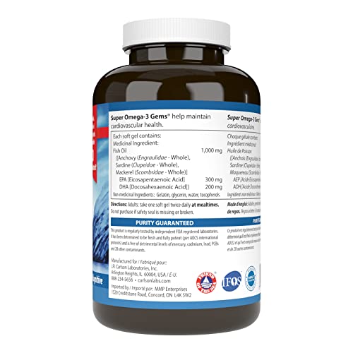 Carlson - Perles Super Oméga-3, 1200 mg d'acides gras Oméga-3 avec EPA et DHA, Complément d'huile de poisson norvégien sauvage, Capsules d'huile de poisson issues de sources durables, Compléments Oméga 3