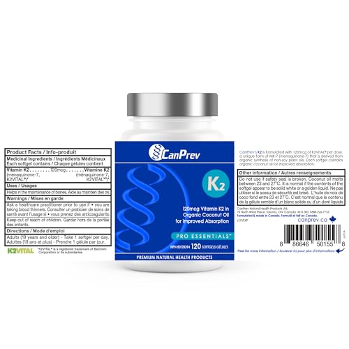 CanPrev K2 120mcg avec huile de noix de coco biologique – Végétalien, sans OGM – Absorption améliorée pour un soutien optimal des os et des dents, vitamine K2 à haute puissance pour des os et des dents solides