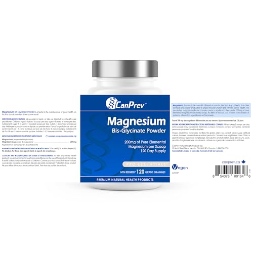 CanPrev Poudre de bisglycinate de magnésium 200 mg, 120 g, Approvisionnement de 120 jours - Bisglycinate de magnésium pur chélaté pour soutenir la santé des os, des dents et la fonction musculaire - Doux et facile à absorber - Convient aux végétaliens