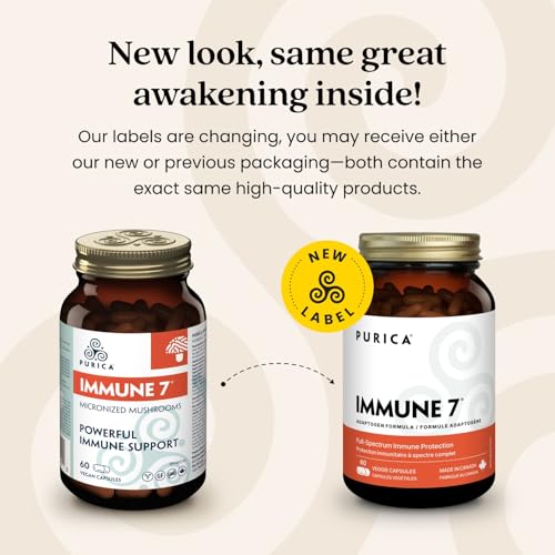 PURICA Complexe Immunitaire 7, 60 gélules - Soutien immunitaire complet avec Coriolus versicolor, Cordyceps, Reishi, Maitake, Shiitake, Champignon du Soleil - Vitalité à spectre complet, Améliore la santé et le bien-être