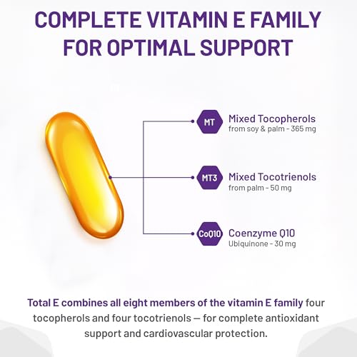 AOR Total E 445 mg, 60 gélules – Cure de 60 jours – Supplément de vitamine E avec tocotriénols et coenzyme Q10 ubiquinol CoQ10 – Soutien cardiovasculaire et antioxydant – Vitamine E8 pour la peau, le visage et les cheveux