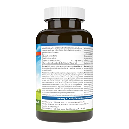 Carlson - Vitamine D3, 2500 UI (62,5 mcg), Cholecalciférol, Suppléments de vitamine D, Capsules molles de vitamine D3