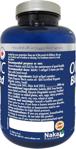Naka Platinum Organic Black Seed oil, 100% PURE, 1000mg, Extra strength, Cold Pressed, 2-3% Thymoquinone, Made in Canada
