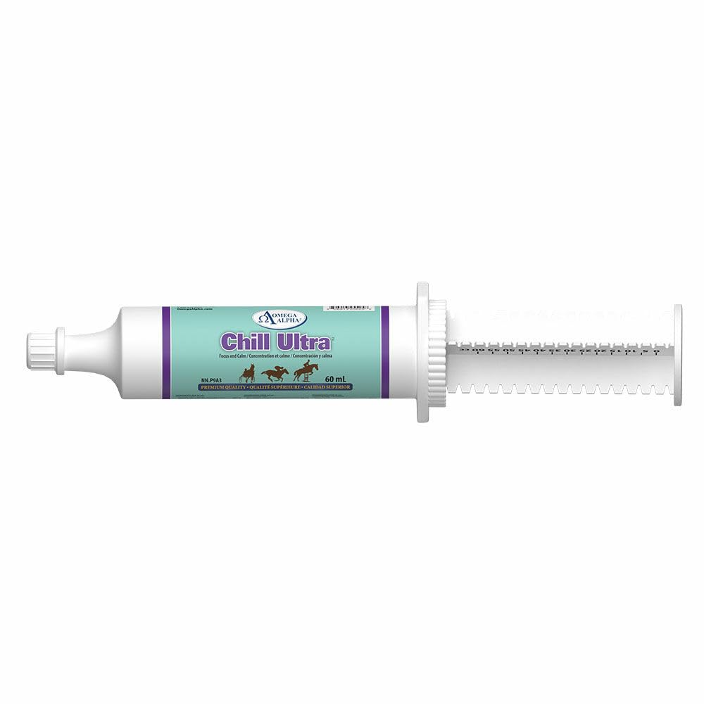 Omega Alpha Chill Ultra Pâte pour Chevaux 60 mL, Seringue à Dose Unique, Soutien Équin pour la Concentration, le Calme et la Préparation Musculaire Pendant les Événements et les Voyages