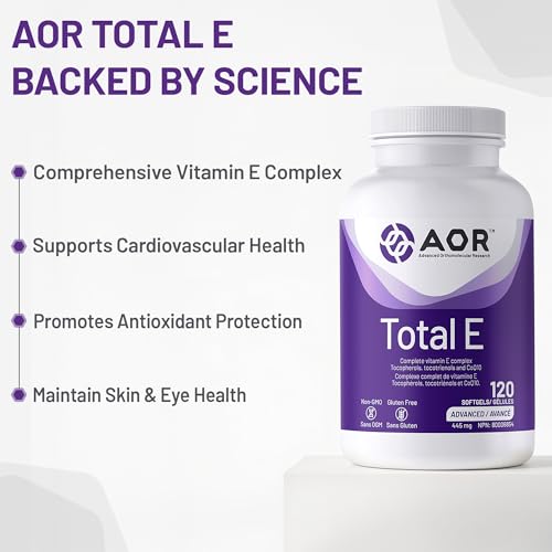 AOR Total E 445 mg, 60 gélules – Cure de 60 jours – Supplément de vitamine E avec tocotriénols et coenzyme Q10 ubiquinol CoQ10 – Soutien cardiovasculaire et antioxydant – Vitamine E8 pour la peau, le visage et les cheveux