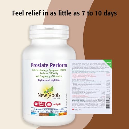 New Roots Herbal - Prostate Perform, 24 gélules molles, cure de 12 jours - enrichi en bêta-sitostérol, palmier nain, lycopène, ortie dioïque et vitamine E - Soutien pour la santé de la prostate et la fonction urinaire