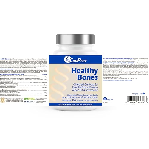CanPrev Healthy Bones - Cal-Mag Chélaté 2:1, Oligo-éléments Essentiels, Vitamine D3 Végétalienne & K2 Sans Soja | Aide à Construire des Os et des Dents Solides | Produits de Santé Naturels de Première Qualité