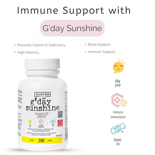 G'day Sunshine Vitamin D3 2500 IU Softgels by Aeryon Wellness | Made in Canada | Helps prevent Vitamin D Deficiency | Reduces Osteoporosis | 180 Softgels