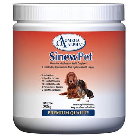 Omega Alpha SinewPet Soin articulaire pour chiens et chats, poudre de 250 g avec glucosamine, MSM et chondroïtine, soutien de la performance et de la mobilité des hanches et des articulations, fabriqué au Canada