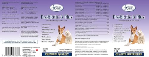 Omega Alpha Probiotic 8 Plus Poudre pour Chiens et Chats, Probiotiques pour Chiens - Soutient la Santé Intestinale, Améliore le Bien-être Digestif, la Santé des Yeux, des Dents et des Gencives, Formulé par des Vétérinaires, Fabriqué au Canada