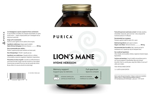 PURICA Crinière de Lion Biologique - Complément pour la Santé Cérébrale, Mémoire et Concentration, Gélules 100% Naturelles, Véganes