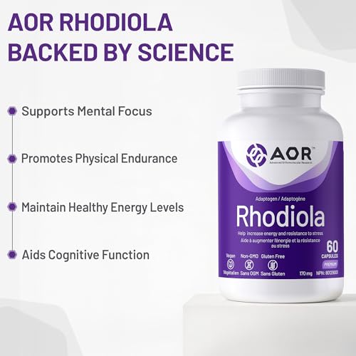 AOR Rhodiola Rosea 170mg - Soutien cognitif pour une concentration et une résilience améliorées, Rosavin et Salidroside, Favorise la clarté mentale et la vitalité physique, Végane, Sans OGM et Sans Gluten