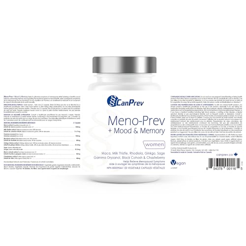 CanPrev Meno-Prev + Mood & Memory, 120 V-Caps 40-Day Supply - Menopause Support Supplement for Women - With Maca, Milk Thistle, Ginkgo, Rhodiola - Helps with Hot Flashes & Night Sweat - Memory Support
