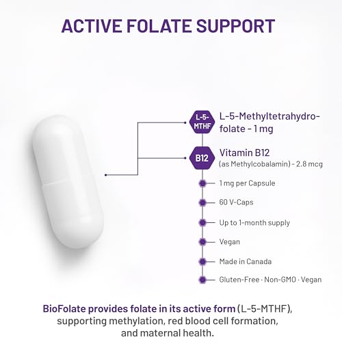 AOR BioFolate 1mg Méthylfolate 5-MTHF Plus Supplément B12, végétalien, sans OGM et sans gluten, Vitamine B9 Folate active, Méthyl B12 pour le soutien cardiovasculaire et le bien-être nutritionnel