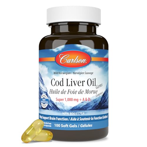 Carlson - Huile de foie de morue, Super 1000 mg, 250 mg Oméga-3 + Vitamines A et D3, Huile de foie de morue arctique norvégienne sauvage, approvisionnement durable