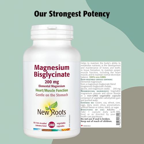 New Roots Herbal Bisglycinate de Magnésium, 120 Capsules Fourniture de 120 Jours - Magnésium Élémentaire de 200mg pour le Sommeil, le Cœur, la Fonction Musculaire, l'Équilibre Électrolytique et la Santé Osseuse - Doux pour l'Estomac - Sans OGM