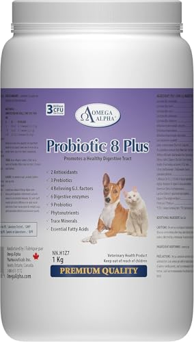 Omega Alpha Probiotic 8 Plus Poudre pour Chiens et Chats, Probiotiques pour Chiens - Soutient la Santé Intestinale, Améliore le Bien-être Digestif, la Santé des Yeux, des Dents et des Gencives, Formulé par des Vétérinaires, Fabriqué au Canada