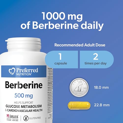 Preferred Nutrition Berberine MAXIMUM POTENCY 1000 mg per Serving (2 caps, 500 mg each), Vegetarian Capsules, Canadian Company