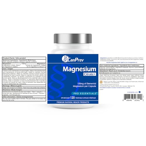CanPrev Citrate de magnésium+, 120 gélules – 120 jours de traitement – Complément de magnésium à haute absorption, favorise la fonction physique, formule pure de citrate de magnésium biologique – Végétalien, sans OGM et sans gluten