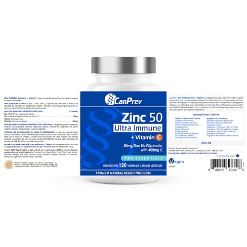 CanPrev Zinc Ultra Immune + Vitamin C, 120 Capsules 120-Day Supply - Vegan, Non-GMO and Gluten-Free - 50mg of Zinc Bis-Glycinate with 400mg of Vitamin C - Helps to Maintain Immune Function