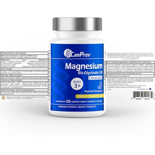 CanPrev Bisglycinate de Magnésium 50 mg, 120 Comprimés à Croquer, Pour 120 Jours, Saveur Ananas Tropical, Végétalien et Sans Sucre, Doux, Facile à Absorber, Favorise la Relaxation, le Confort Musculaire et le Bien-Être Quotidien