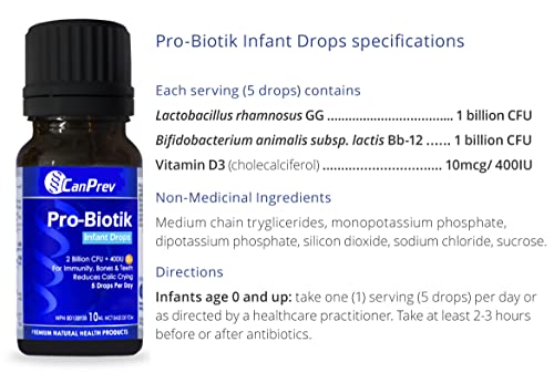 CanPrev Pro-Biotik Infant Drops 50-Day Supply - 2 Billion CFU with 400IU Vitamin D3, Probiotic Supplement for Babies & Kids to Support Digestive Wellness, Bone Strength, Healthy Teeth & Immune Health