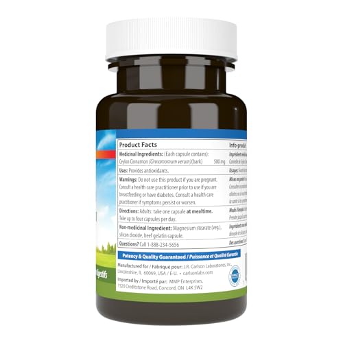 Carlson - Cannelle de Ceylan, Suppléments de Vraie Cannelle, 500 mg, Pilules d'Extrait de Cannelle, Gélules de Cannelle de Ceylan