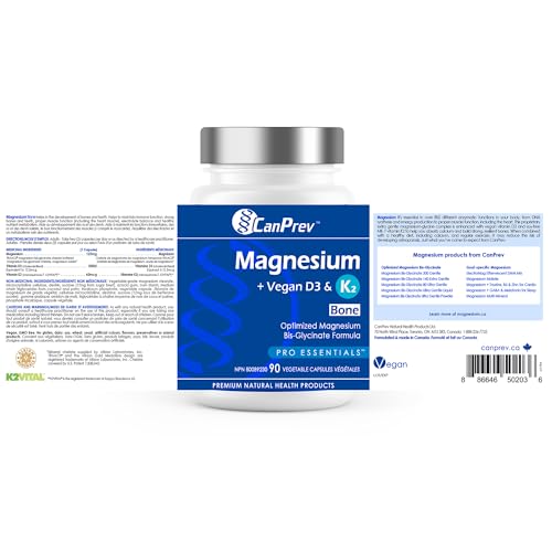 CanPrev - Magnesium + Vegan D3 & K2, 90 V-Caps 45-Day Supply - Helps in the Development and Maintenance of Bones & Teeth - Maintain Immune Function, Proper Muscle Function & Normal Electrolyte Balance