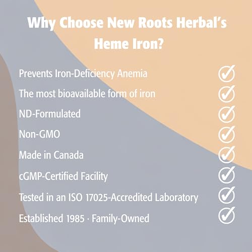 New Roots Herbal Heme Iron Supplement, 30 Veg Capsules, Iron & Vitamin C for Enhanced Absorption, Promotes Iron Levels & Red Blood Cell Function, Non-GMO, Gentle on Digestion & Easy to Take