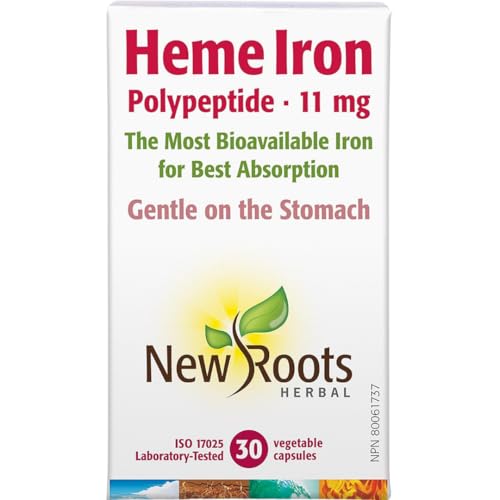 New Roots Herbal Supplément de fer héminique, 30 gélules végétales, fer et vitamine C pour une meilleure absorption, favorise le taux de fer et la fonction des globules rouges, sans OGM, doux pour la digestion et facile à prendre