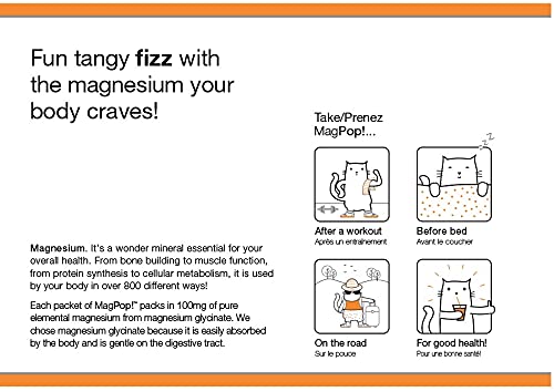 Orange Naturals - MagPop! Poudre effervescente de glycinate de magnésium avec vitamine C, 35 sachets, pour 35 jours - Équilibre électrolytique, favorise le sommeil, la relaxation et la fonction musculaire, la santé des os et des dents