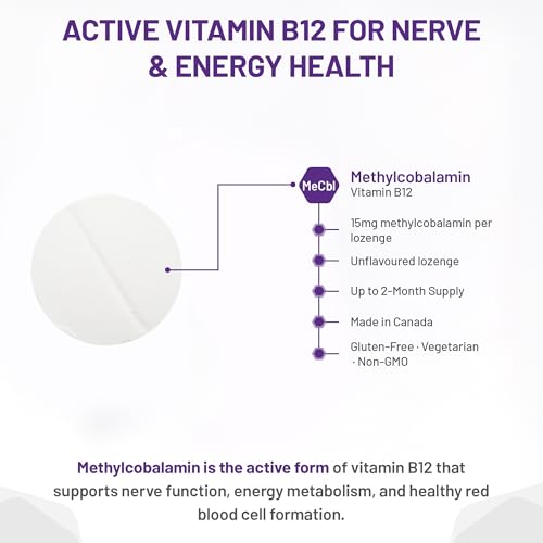 AOR - Méthyl B12, 60 pastilles - Vitamine B12 Méthylcobalamine - Complément favorisant la santé nerveuse - Supplément végétalien de B12 - Aide à prévenir la carence en vitamine B12 - Capsules de B12 méthylée