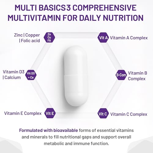 AOR - Multi Basics 3 309mg, 90 capsules - Supplément de minéraux essentiels et de multivitamines pour adultes - Multivitamine quotidienne pour hommes et femmes adultes - Multivitamines et multiméraux