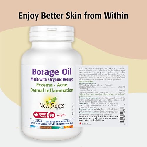 New Roots Herbal Borage Oil, Rich in Organic Gamma-Linolenic Acid, Essential Fatty Acids for Skin Nourishment, Supports Skin Hydration, Elasticity and Natural Balance