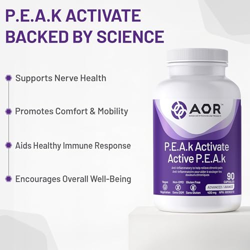 AOR P.E.A.K Activate 400 mg – Supplément de palmitoyléthanolamide (PEA) pour le confort et le bien-être – Sans OGM et végétalien – Supplément de PEA pour un bien-être équilibré et un soutien quotidien